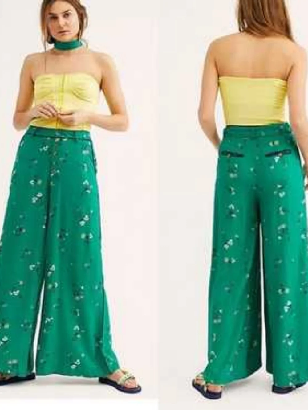 Free People Green Floral Wide Leg Viscose Pants Size 2